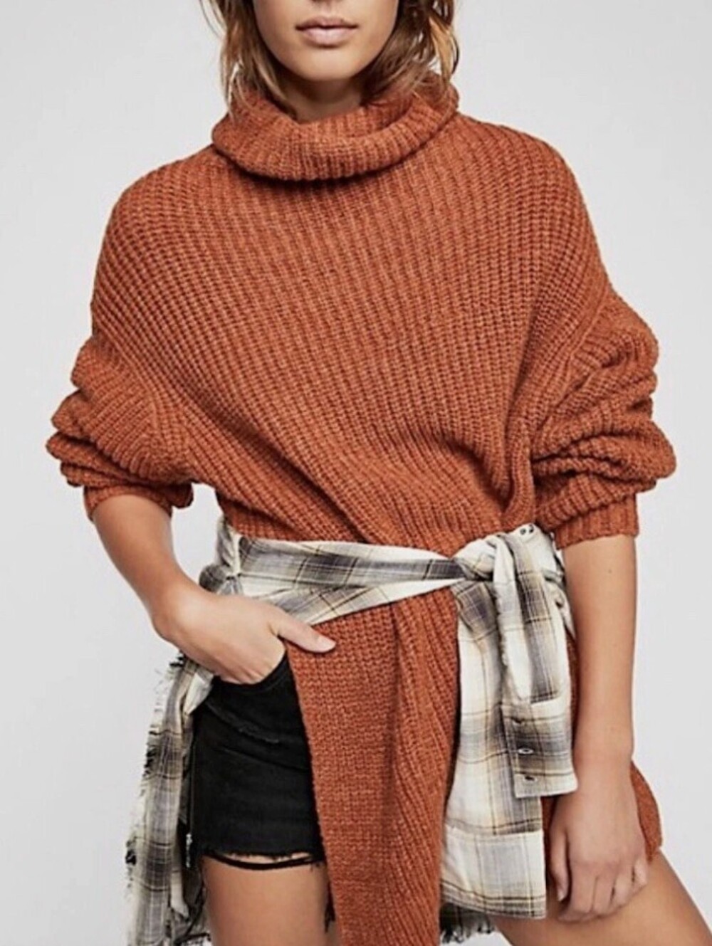 Free People Brown Eleven Oversized Chunky Knit Turtleneck Sweater - Size - Large